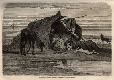 En leir av nomadiske sigøynere på slettene i Nord-Bosnia. Gravering for å illustrere minnene om reiser blant de sørlige slaverne, av Georges Perrot, i 1868, utgitt i "" Le tour du monde"" 1870-1871, redigert av Edouard Charton, utgave Hachette, Pari av Unknown artist