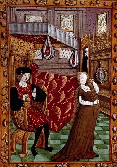 Et par på et soverom, kvinnen kler miniatyr fra «Histoire de Jean III de Brush et de son wife Louise de Laval»» (ms. 1475, fol. 6r) Chantilly, Musee Conde av Unknown artist