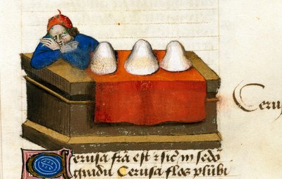 En hjorthandler, bruker til kosmetikk Beskrivelse av medisinplanter og hvordan de tilberedes. Manuskriptside “” Godbiter på urter”” (Tractatus de herbis) av Pedanius Dioscorides (Dioscorides) (40-90 e.Kr.) Lat.1152 av Unknown artist