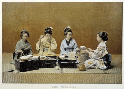 En spisestue i Japan: kvinner som spiser ris med spisepinner og en av dem serverer te - n.d. slutten av 1800-tallet av Unknown artist