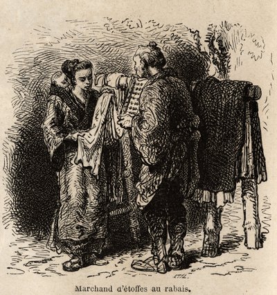 En forhandler av rabattklut lager artikkelen til en ung kvinne som bærer sin pjokk på ryggen. Gravering for å illustrere reisen til Japan, av Aime Humbert, minister for det sveitsiske konføderasjonen, i 1863-1864, publisert i "" le tour du monde", under re av Unknown artist