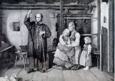 En lege som undersøkte en flaske, sannsynligvis et hetteglass med urin, under et besøk hos en mor og hennes to barn som lever i fattigdom (gravering) av Unknown artist