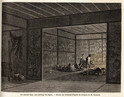 En sovesal på et vertshus i Japan. Gravering for å illustrere reisen til Japan i 1863-1864, av Aime Humbert, minister for det sveitsiske konføderasjonen, i "Le tour du monde, nouveau journal des voyages", utgitt under ledelse av Edouard Charton av Unknown artist