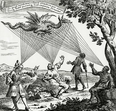 En drage sett fra forskjellige synsvinkler, basert på en kobbergravering av Zahns "Oculus artificialis teledioptricus". av Unknown artist