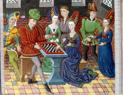Et parti sjakk mellom to hoffmenn i rommet til et slott. Miniatyr hentet fra "" History of Alexander the Great"" (eller Alexander III of Macedon (356-323 f.Kr.)) av Unknown artist