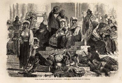 En gruppe bønder og gjetere samles til feiringen av den hellige uke på trappen til St. Peter i Vatikanet. Gravering for å illustrere historien om den hellige uke i Roma, i 1863, av Ludovic Celler, i «Le tour du monde, nouveau journal des voyages»» av Unknown artist