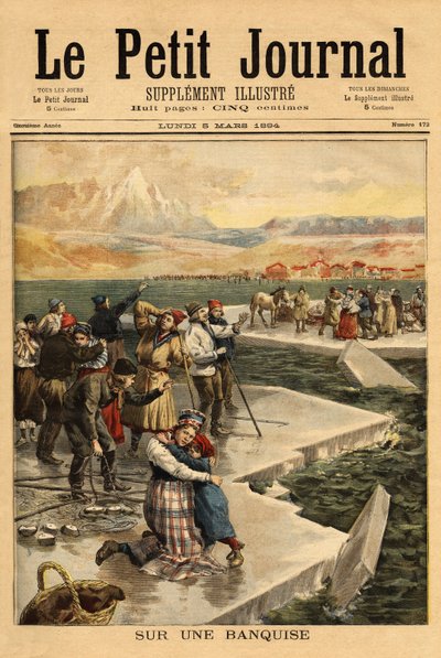En enorm isblokk bryter fra fastlandet ved Helsingfors (sørlige Finskebukta), og tar over 500 mennesker og 20 hester ut i åpent hav. Gravering i "" Le petit journal"" 5/03/1894. Selvas samling. av Unknown artist
