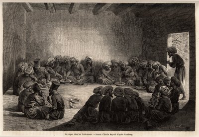 Et måltid på Turkomans (Irak). Tegning av Emile Bayard (1837-1891), for å illustrere reisen til Sentral-Asia, i 1863, av Arminius Vambery (ungarsk vitenskapsmann forkledning i dervisj). Gravering i "" Le tour du monde"", redigert av Edouard Charton av Unknown artist