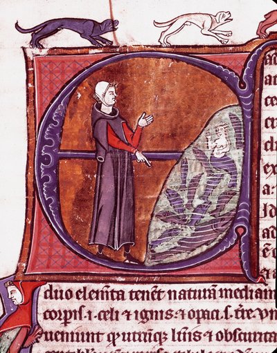 En munk foran en dam, en sirene er representert blant miniatyrfiskene hentet fra manuskriptet "Speculum historiale"" (The Mirror Historial) av Vincent de Beauvais (1184/94-1264) Laon fra 1200-tallet, kommunalt bibliotek av Unknown artist