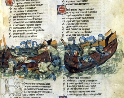 Et sjøslag. 1200-talls miniatyr av Unknown artist