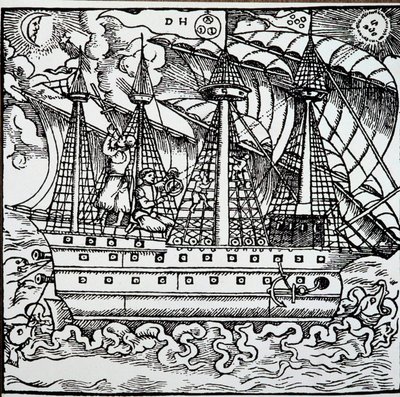 En navigatør på en portugisisk karavel ved hjelp av en astrolabium. Gravering fra reisehistoriene til den tyske navigatøren Hans Staden (1525-1579) av Unknown artist