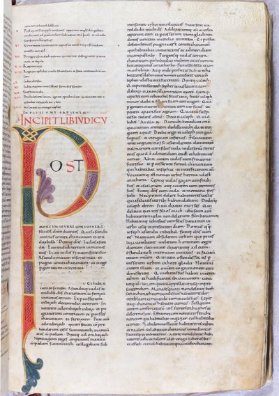 En side med begynnelsen av Dommernes bok «Etter Josvas død...», 1000-tallet (miniatyrmanuskript med membran) av Unknown artist