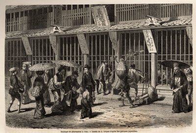 En apotekbutikk i Yedo (eller Edo, dagens Tokyo), farmasøyten jobber med hans hjelp foran øynene til publikum, beskyttet av et trelakkgitter, foran hvilket lekterne venter på gaten for å bli servert og deretter betale ved å sende pengene igjennom av Unknown artist