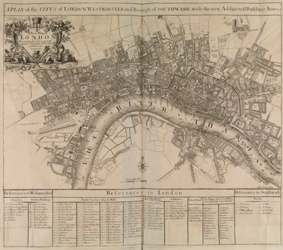 En plan over byen London, Westminster, bydelen Southwark og Themsen av Unknown artist