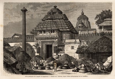 En populær tur foran hovedporten til Djaghernaut-pagoden (bygget rundt 1200), en hellig by og pilegrimsmål i det sørlige Bengal. Gravering for å illustrere reisen i meridionalprovinsene i India, av Alfred Grandidier, i 1862-1864, publiser av Unknown artist