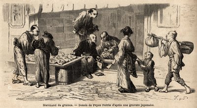 En frøhandler midt i gata. Gravering for å illustrere reisen til Japan, i 1863-1864, av Aime Humbert, minister for det sveitsiske konføderasjonen, i "Le tour du monde, nouveau journal des voyages"" utgitt under ledelse av Edouard Charton av Unknown artist