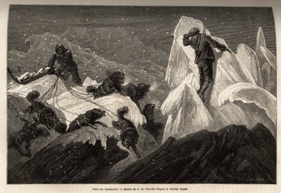 En slede og mannskapet hans mistet i Hummocks, revne isblokker som animerer overflaten av ispakken. Gravering for å illustrere reisen til det frie havet på den arktiske polen, av doktor Hayes, kirurg ved den amerikanske marinen, i 1860-1862, publisert i " av Unknown artist