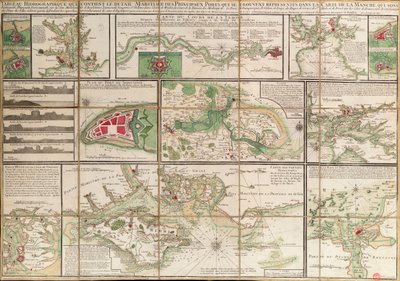En tabell som inneholder detaljer om de viktigste maritime havnene som er representert på kartet over Den engelske kanal, ca. 1780 (papir, lin) av Unknown artist