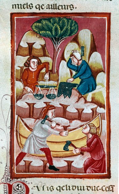 En handelsmann som bruker en vekt, en smed som slår på en ambolt, to arbeidere som jobber på en båt på et verft. Miniatyr hentet fra "" The Facts of the Romans""" Venezia fra 1200-tallet, biblioteca Marciana av Unknown artist