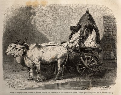 En reisetank avfyrt av to hvite okser, for damer eller rike hinduer. Gravering for å illustrere reisen i meridionalprovinsene i India, av Alfred Grandidier, i 1862-1864, publisert i "" le tour du monde", under ledelse av D