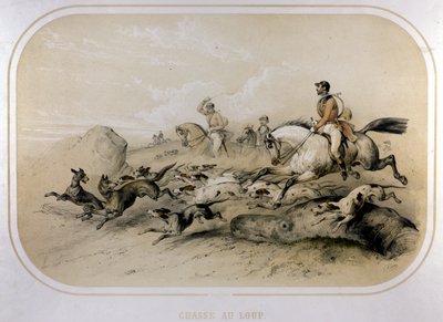 En ulvejakt. 1800-talls gravering. av Unknown artist