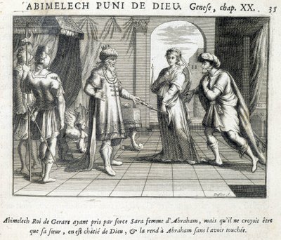 Abimelek gir Sara til Abraham - Bibel, gravering av Unknown artist