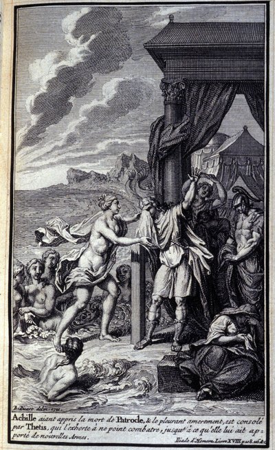 Achilles, etter å ha hørt om Patrokles død og gråt ham bittert, blir trøstet av Thetis, som oppfordret ham til ikke å kjempe før hun brakte ham nye våpen.» Illustrasjon av bok XVIII av Iliaden av Homere, fransk utgave av Unknown artist
