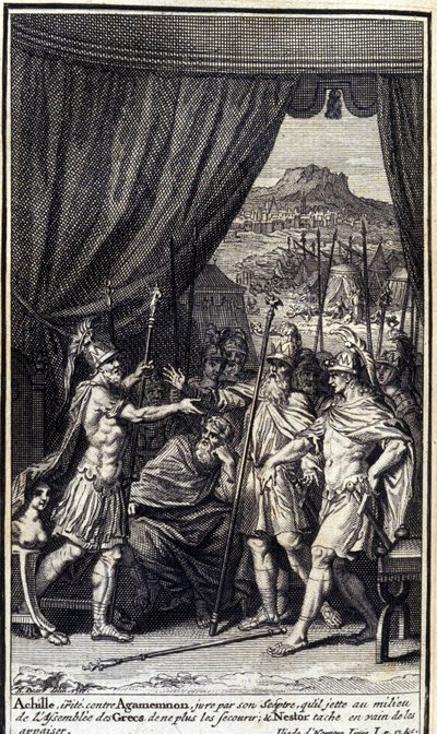 Akilles, irritert mot Agamemnon, sverger ved sitt septer at han kaster midt i forsamlingen av grekerne for ikke å hjelpe dem; og Nestor flekker forgjeves for å blidgjøre dem. Illustrasjon av bok I av Iliaden av Homere, fransk utgave av Unknown artist