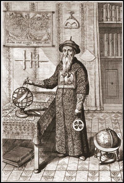 Adam Schall, astronom (1592-1666) i mandarindrakt, med jord- og himmelkloder og astrolabium - i "Kina" av Athanase Kircher (eller Athanasius Kircheri) av Unknown artist