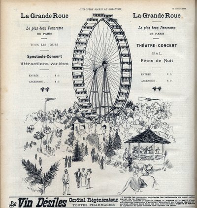 Reklame for pariserhjulet i Paris som tilbyr det vakreste panoramaet av byen for 1 franc. Gravering i "" Le sun-du-dimanche"" av Unknown artist