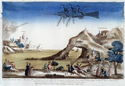 Aerostatisk fisk oppdrettet i Plazentia, Spania, regissert av Dom Joseph Patinho, som flyr til byen Coria ved bredden av Arragon-elven (12 ligaer fra Plazentia) 10. mars av Unknown artist