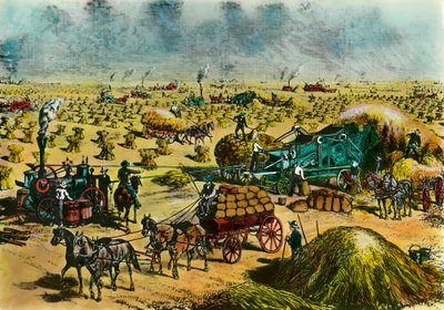 Landbruksrevolusjon: høst hvete i Dakota med dampmaskiner på 1800-tallet. Gravering av 1800-tallet. Paris, dekorativ kunst av Unknown artist