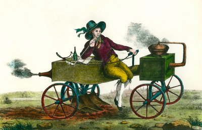Jordbruk: pløyescene med dampmaskin i 1834. Anonym gravering fra 1834. Privat samling av Unknown artist