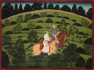 Akrura Rides Toward Dwarka, side fra den store Basohli Bhagavata Purana av Unknown artist