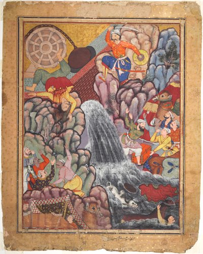 Alamshah som kløyver kjeden på hjulet, fra bind 11 av en Hamza-nama (Adventures of Hamza) av Unknown artist