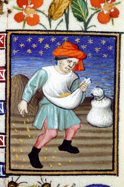 Allegorisk fremstilling av oktober. En bonde som sår korn. Miniatyr av et manuskript fra 1300-tallet. av Unknown artist