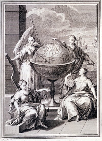 Allegory of the Exploration of the World - i "" Historical Journey of South America utført etter ordre fra kongen av Spania"", av Don Georges Juan og Don Antoine de Ulloa, Librairie du Roi, Paris av Unknown artist