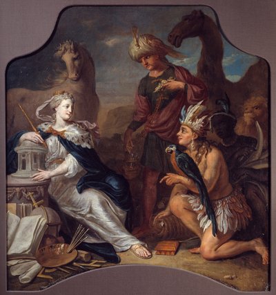 Allegori om de fire kontinenter Europa til venstre, som oppdager arv, kultur og kunst, står overfor Amerika, Asia og Afrika (i skyggene), og hyller den. Maleri av den anonyme skolen. 18. århundre. La Rochelle, New World Museum av Unknown artist