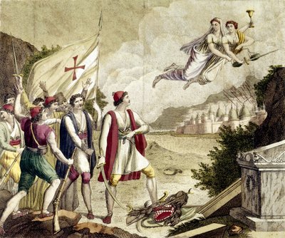 Allegori om gjenoppvåkningen av den nasjonalistiske følelsen av Hellas under osmansk dominans som førte til den greske uavhengighetskrigen (1821-1830) eller den greske revolusjonen. av Unknown artist