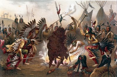 American Indian Ritual (Sørlige Dakota Plains Indians): Sioux War Dance. kromolitografi fra "" The human race "" av Ratzel, omtrent 1890 av Unknown artist