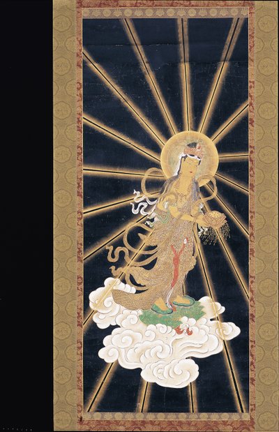 Amitabha (Amida) Triad Descending From Heaven (pigment på konshi (blått rispapir)) av Unknown artist