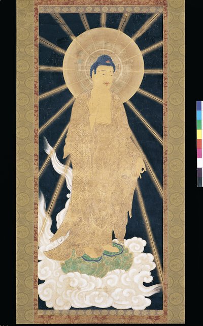 Amitabha (Amida) Triad Descending From Heaven (pigment på konshi (blått rispapir)) av Unknown artist