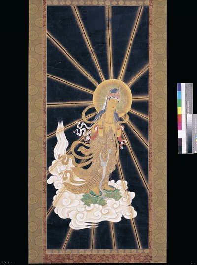 Amitabha (Amida) Triad Descending From Heaven (pigment på konshi (blått rispapir)) av Unknown artist