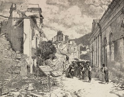 Blant ruinene etter jordskjelvet i badebyen Balliazzi i Italia av Unknown artist