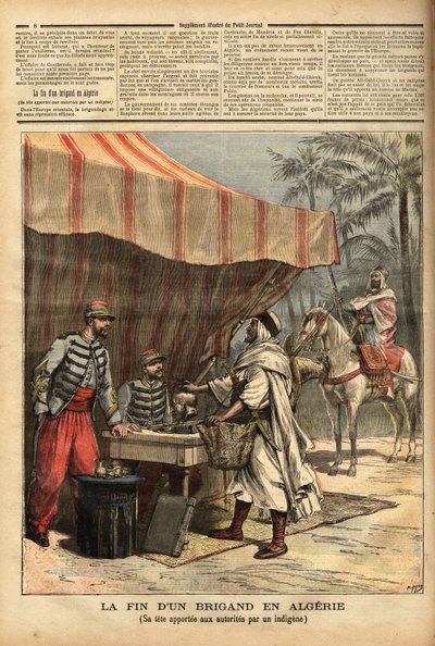 En algerisk innfødt bringer lederen av banditten Ali Ould Chick, som hadde ryddet Nemours post, for en bonus på 1500 franc, til kontoret til Marnia, en fransk militærpost bygget i 1844 i departementet Oran, på grensen til Algerie Marokko . Gravering i av Unknown artist