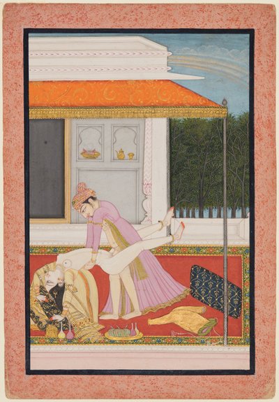 Et amorøst par, sannsynligvis Raja Mahendra Pal av Basohli (f. 1806–13) med en favorittdronning av Unknown artist