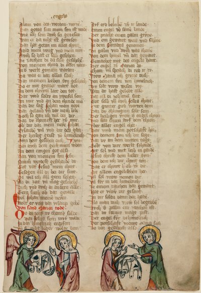 En engel gir Kristi gravkledning til Jomfru Maria; Jomfru Maria viser kledningen til Johannes av Unknown artist