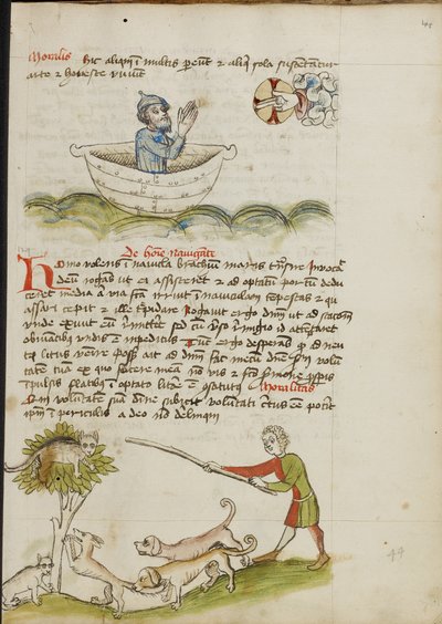 En eldre mann i bønn i en båt; en katt i et tre under hvilket det er en rev av Unknown artist