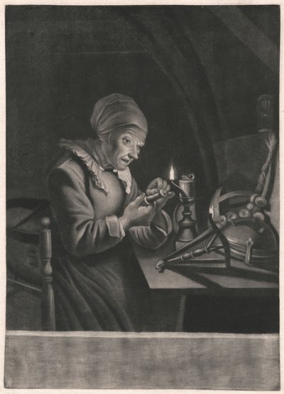 En gammel kvinne reparerer spinnehjulet hennes av Unknown artist
