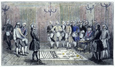 En lærlingloge i Paris, ca. 1740: denne scenen skildrer mottakelsen av en "lærling"" frimurer (på gulvet maleriet av lærlinglogen) - ifølge en gravering fra tiden. av Unknown artist